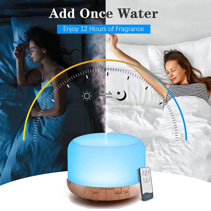 500ML Aromatherapy Diffuser Wood Grain Essential Oil Aromatherapy Humidifier with Remote Control for Home Office
