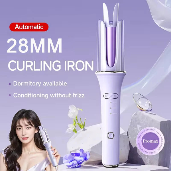 28mm Professional Automatic Ceramic Curling Iron 3 Temperature Settings 5-Second Preheat Anti-Scald Design Automatic Rotating Curling Iron EU Plug