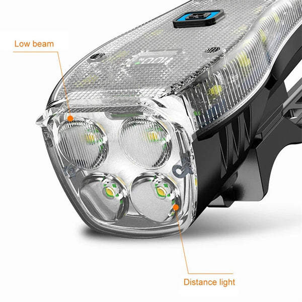 BIKIGHT Bike Headlight 4 LED Large Beads 2000mAh Battery Dual Distance Beam Design Waterproof 4 Light Modes Type-C Fast Charge Power Display Flashlight with 120dB Horn