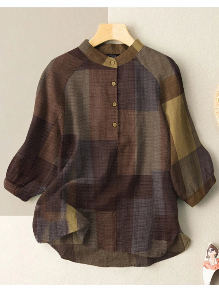 ZANZEA Plus Size Loose Fit Check Print Button Stand Collar 3/4 Sleeve Cotton Linen Women Blouse