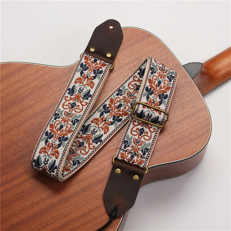 Embroidered Soft Vintage Flower Adjustable Creative Cotton Leather Guitar Strap