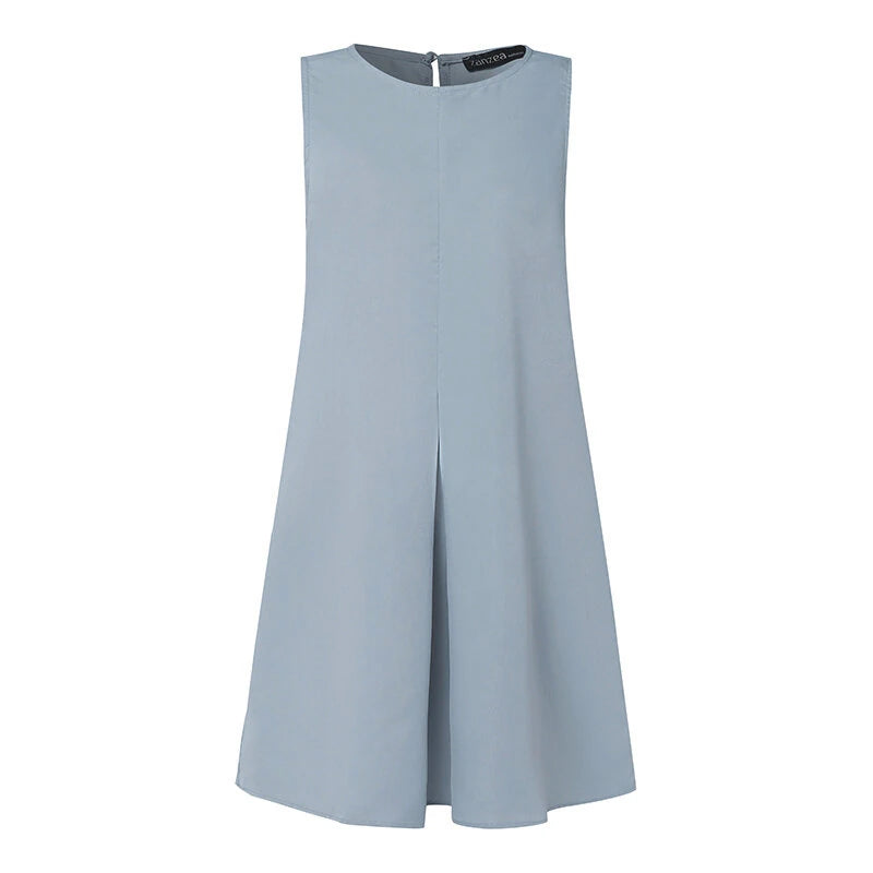 ZANZEA Women Crew Neck Sundress Knee Dresses Oversized Sleeveless Casual Solid Loose Midi Dresses