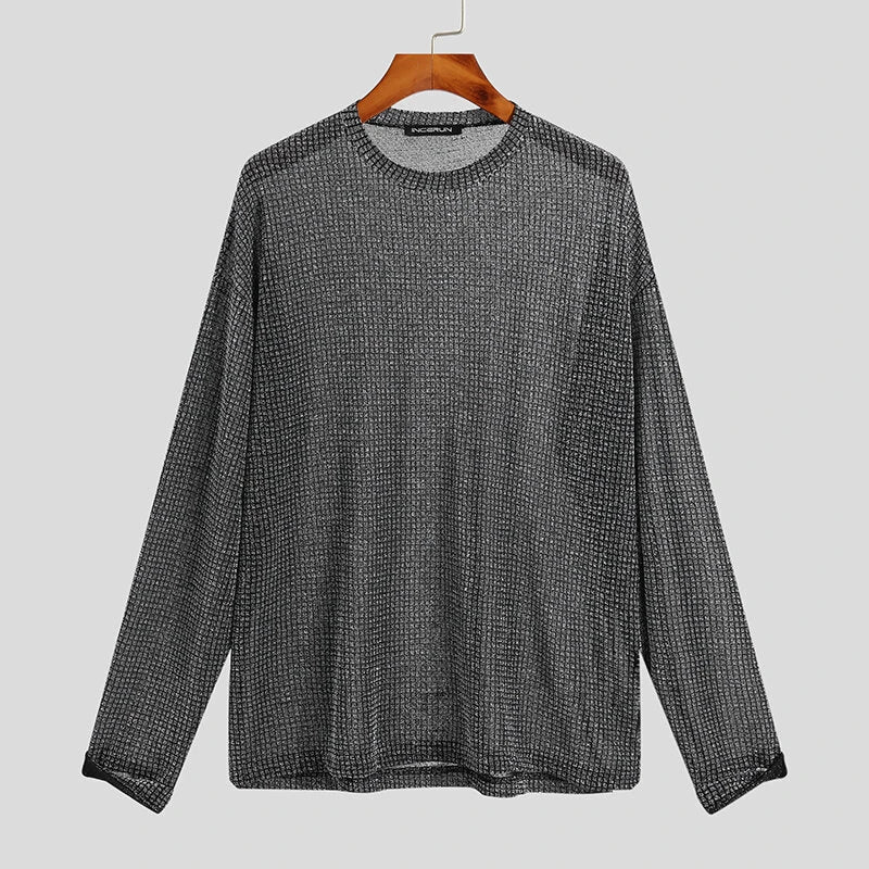 INCERUN Men Mesh Thin Long Sleeve T-shirts Comfortable Loose Fit Sun Protection Crew Neck Top Large Size S-5XL for Spring Fall