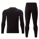 TENGOO 2 Pcs Men's Warm Compression Base Layer, Thermal Underwear Set, Long Johns Set, Moisture Wicking & Breathable Basic Black Thermal Long Sleeve & Leggings Men Underwear Set For Outerdoor Skiing Running