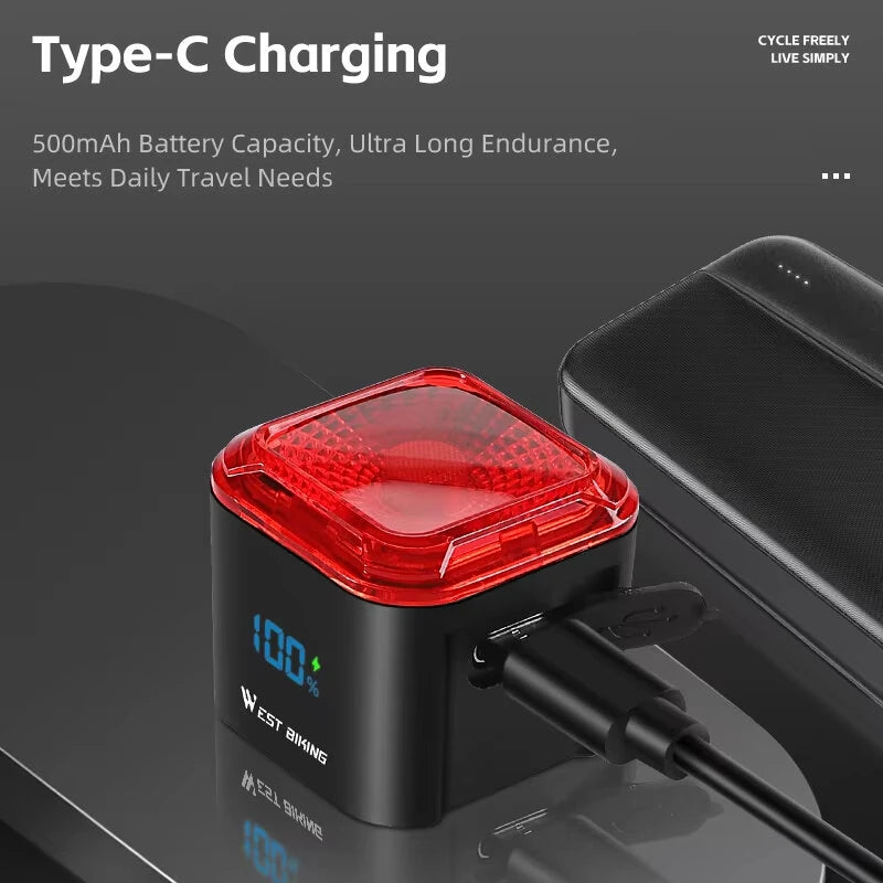 WEST BIKING Smart Brake Sensing Bicycle Taillight LED Digital Power Display Auto-stop Type-C 1100mAh Long Endurance Portable Bike Back Light for MTB Bike Road Bike Scooter