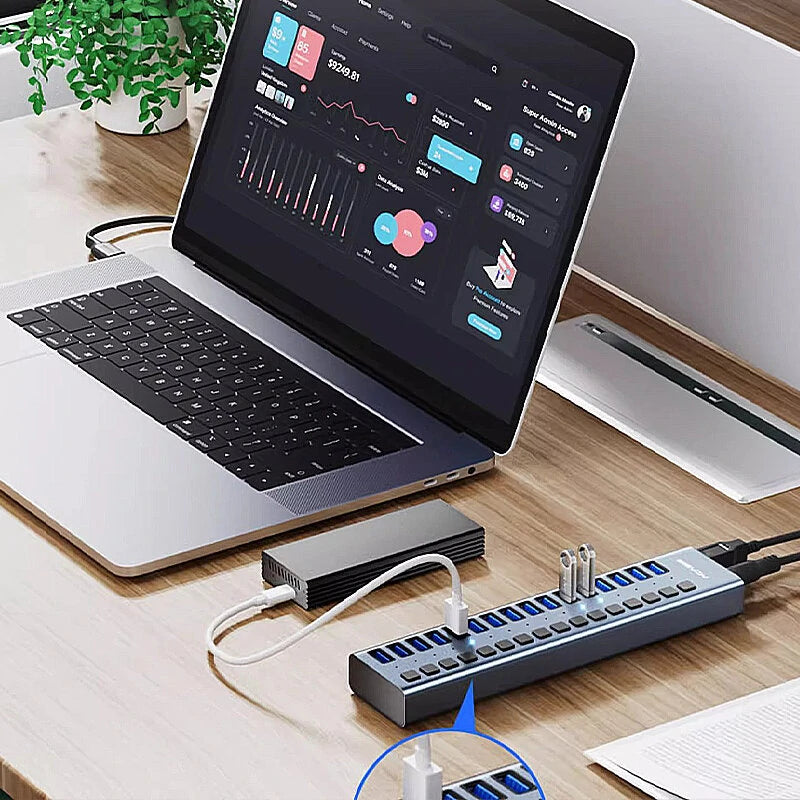 AKASIS HS-716MG 16-in-1 USB3.0 Hub High Speed 5Gbps Splitter Aluminum Alloy Docking Station with Integrated Independent Power Adapter for PC Laptop Computer
