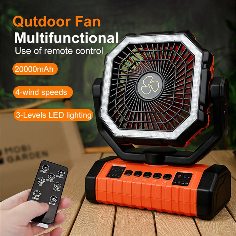 IPRee Camping Portable Desk Fan with LED Light, 20000mAh Battery Rechargeable Quiet Camping Fan, Battery Operated with Hanging Hook for Home Bedroom