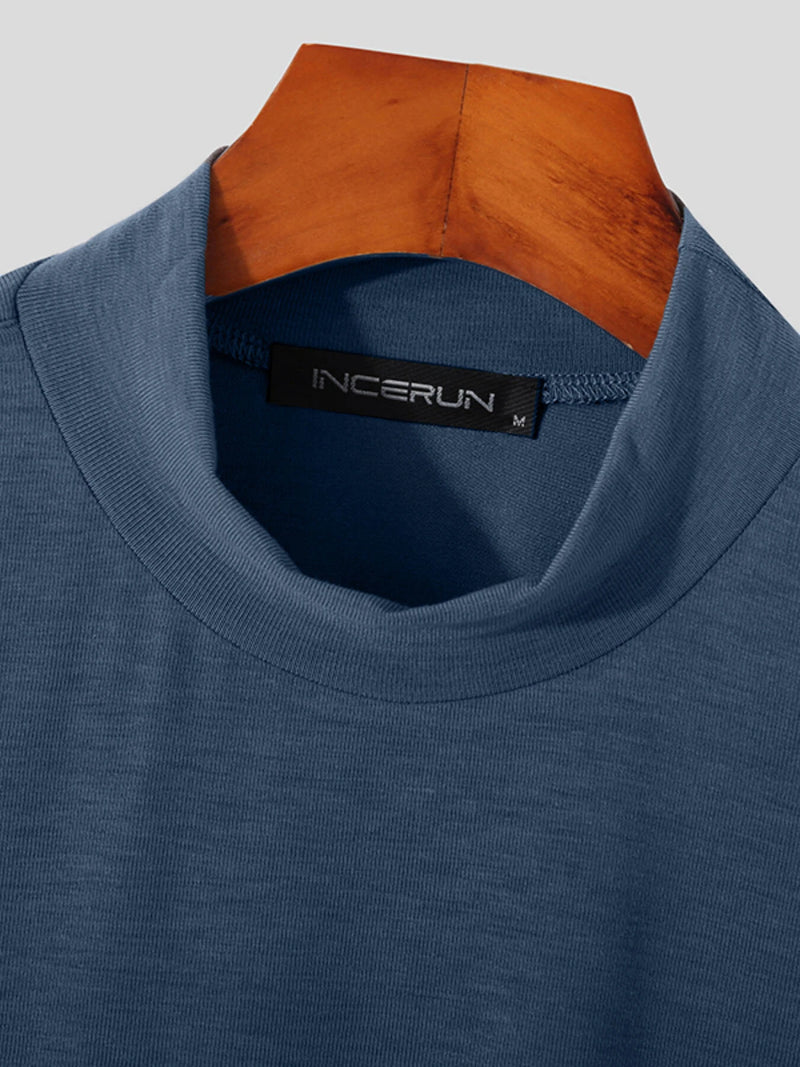 INCERUN Mens Casual Stand Collar Top Solid Color Short Sleeve T-Shirt