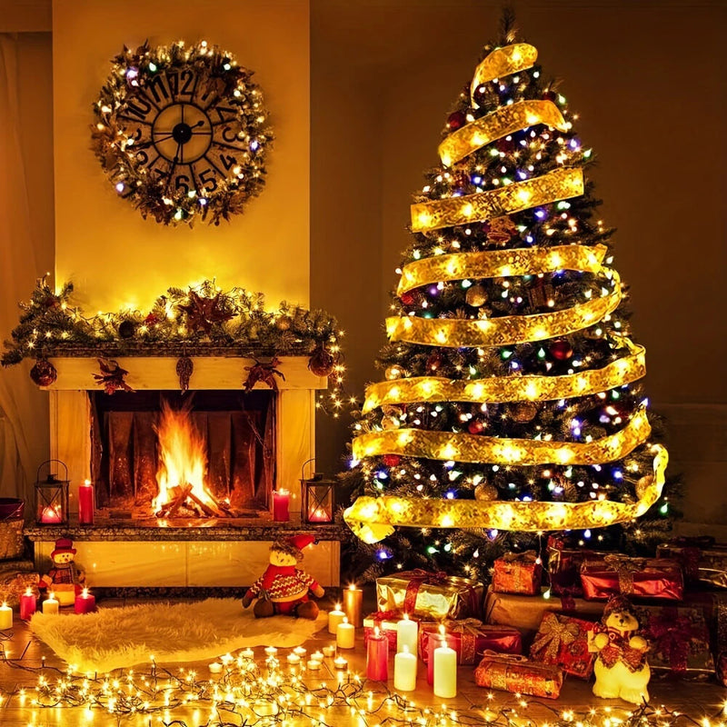 Festive Home Decor Ornament Christmas Tree Decoration Ribbon LED String Lights Christmas Tree Decoration Ribbon Led Light String Lights With Holiday Gift Box Bow Satin Copper Wire Lights
