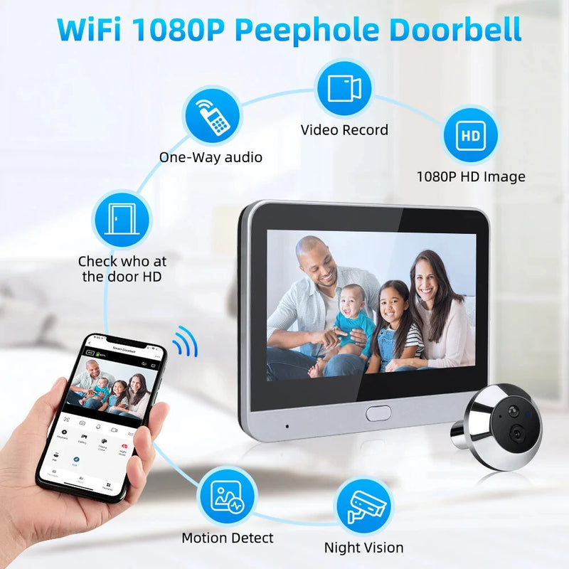 Smart Home Tuya 120 Wide Angle Door Peephole Camera 1080P Wireless One Way Intercom Video Eye Motion Detection Wifi Doorbell Camera 5000mAh Battery Work with Alexa&Google