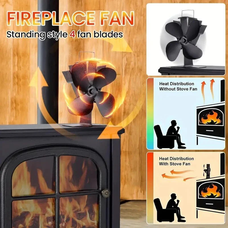 IPRee 4 Blades Fireplace Fan Heat Power Stove Fan No Electricity For Wood Burner Log Burning Fire Parts for Pellet/Wood Burner/Oven-DY014L