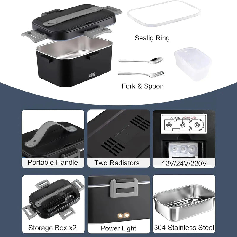 12V 24V 220V 1.8L Car Home Dual-use Insulated Heating Lunch Box Household Car Electric Lunch Box 304 Stainless Steel Food Heating Lunch Box Food Heating Insulation Container Set