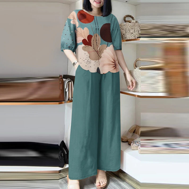 ZANZEA Womens Two-Piece Set Lady Elegant Sets Crew Neck Lantern Sleeve Graphic Print Tops Wide Leg Trousers Suits