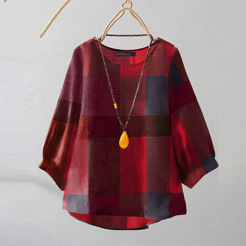 ZANZEA Women Retro Casual 3/4 Sleeve O Neck Shirt Top Plaid Loose Summer Ladylike Blouses