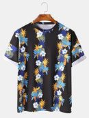 Mens Fashion Floral Printing Crew Neck Breathable Short Sleeve Casual T-Shirts