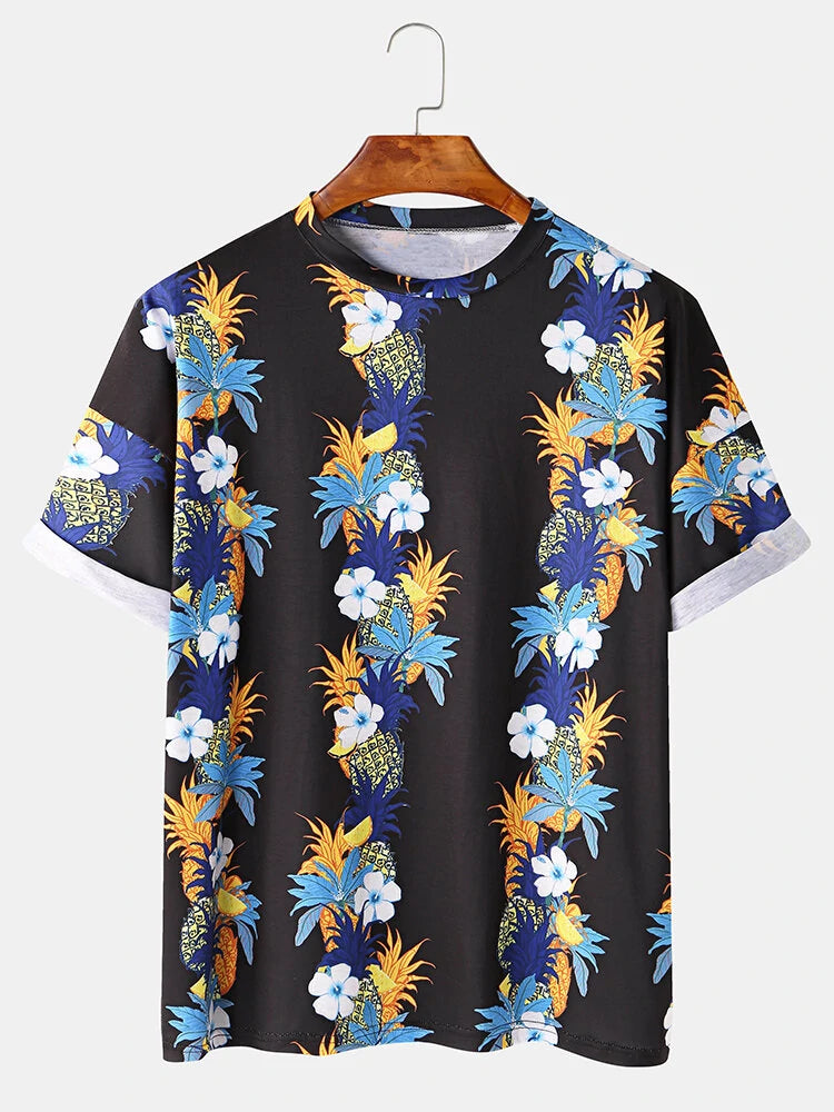 Mens Fashion Floral Printing Crew Neck Breathable Short Sleeve Casual T-Shirts