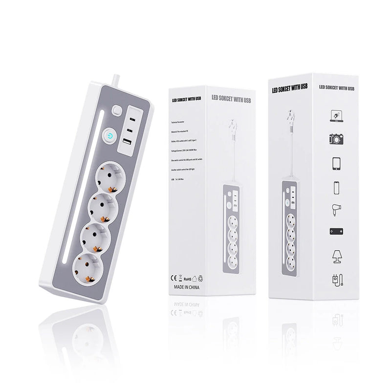 European Power Strip 4 Sockets with USB and Type-C Ports LED Light 3680W 250V 16A Flame Retardant PC Material 1.4m Cable