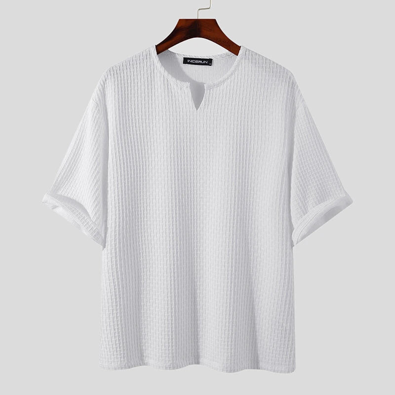 INCERUN Mens T-Shirt Basic Solid Color Short Sleeve T Shirt Casual V-neck Half Long Sleeve Tops Summer Loose Fit Men Clothing