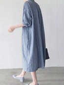 Stripe Button Lapel Casual Cotton Shirt Dress