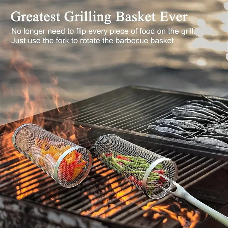 IPRee Round BBQ Basket Stainless Steel Rolling Grilling Basket Wire Mesh Cylinder Grill Basket Portable Outdoor Camping Barbecue Rack