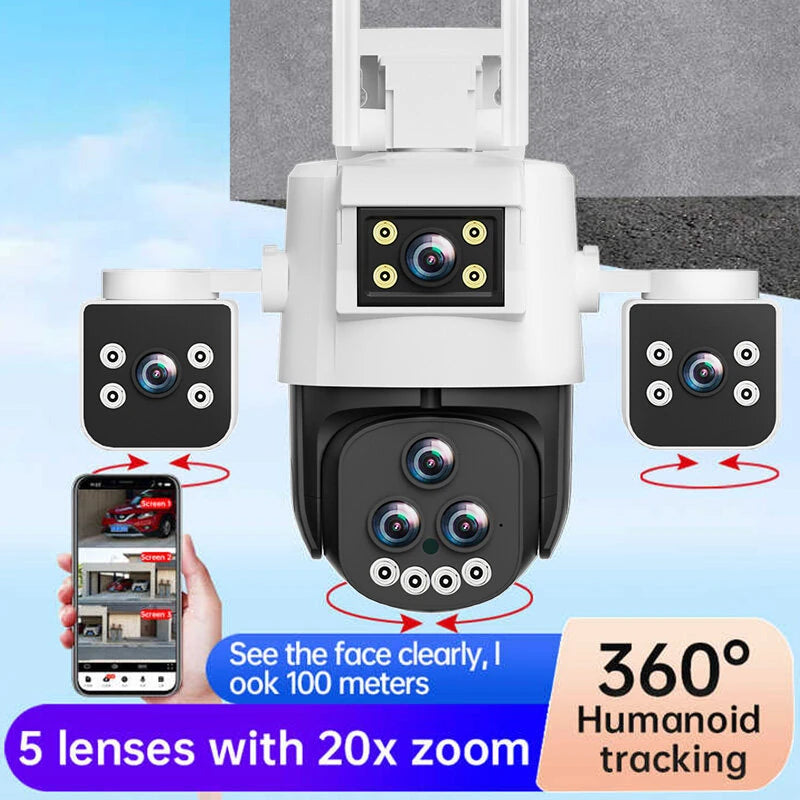 5 Lens Panoramic Surveillance Camera 20x Optical Zoom 360 PTZ 200W Pixel WiFi Camera Color Night Vision AI Human Detection 2-Way Audio Cameras for Home Security
