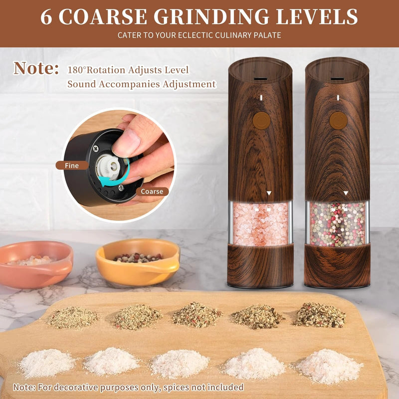 500mAh Electric Pepper Grinder in Wood Grain Color Electric Salt and Pepper Grinder Set with 6 Adjustable Coarseness Adjustable Ceramic Core with LED Light USB Rechargeable