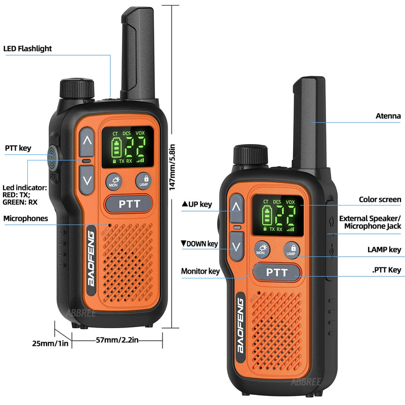 2Pcs Baofeng BF-T18 Mini Walkie Talkie PMR446 License Free 16 Channels 2W Power Long Range Type C Rechargeable NOAA Weather Alerts Hands Free Two Way Radio