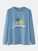 Women Cartoon Fruit Print O-Neck Loose Pants Cotton Comfy Plus Size Home Pajamas Sets