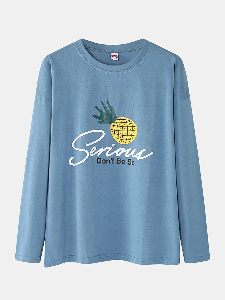 Women Cartoon Fruit Print O-Neck Loose Pants Cotton Comfy Plus Size Home Pajamas Sets