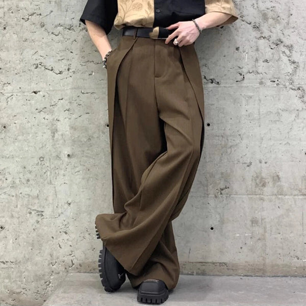 INCERUN Men Wide-leg Solid Color Casual Pants with Pockets Cropped Design Zipper Botton Trousers Plus Size