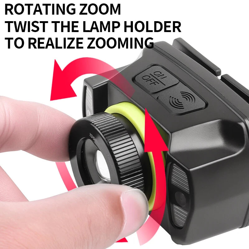 Bikight Smart Sensor USB Rechargeable LED Headlamp Zoom Headlight Fishing Accessories Work Light Camping Head Lamp Flashlight