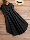ZANZEA Plus Size Women Mid Long Dress Solid Pocket Short Sleeve Round Neck Cotton Casual Beach Midi Dress