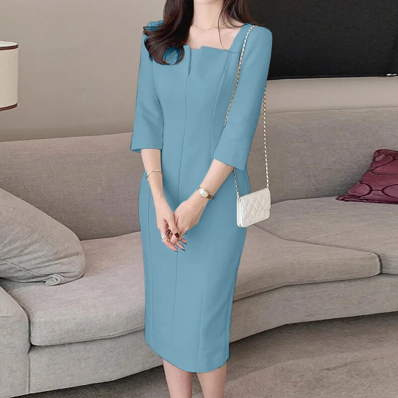 ZANZEA Womens Party Daily 7/8 Sleeve Small V-neck Design Slim Segmented Dress Solid Color Elegant Midi Dress