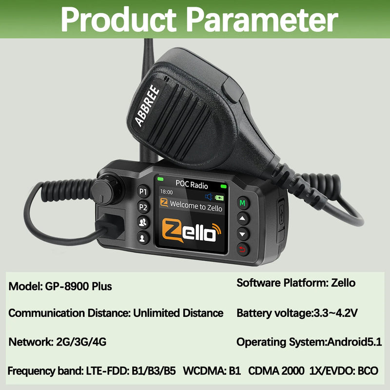 ABBREE GP-8900 Plus 4G Car Radio Dual-SIM Unlimited Distance Zello Android 5.1 POC Radio Clear Sound Large Color Screen