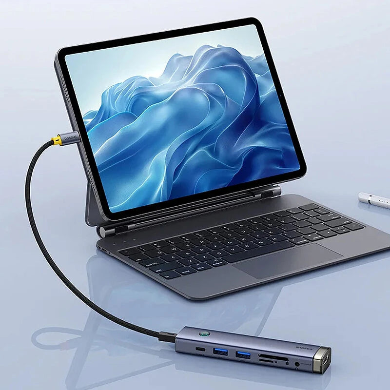 Baseus 7-in-1 Type-C Docking Station with USB3.0*2 / 4K@60Hz HD / PD Type-C / 3.5mm Audio / TF&SD Card Slot Slim Adapter USB-C Dock with On/off Switch for PC Laptop Computer
