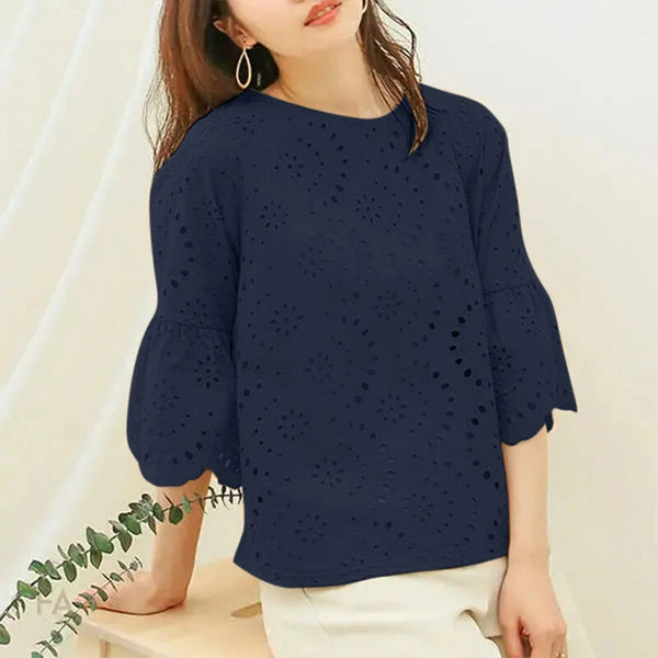 ZANZEA Plus Size Women Floral Lace Splicing Crew Neck Blouse, Elegant 3/4 Loose Petal Sleeve Blouse For Spring & Summer, Women's Clothing S-5XL