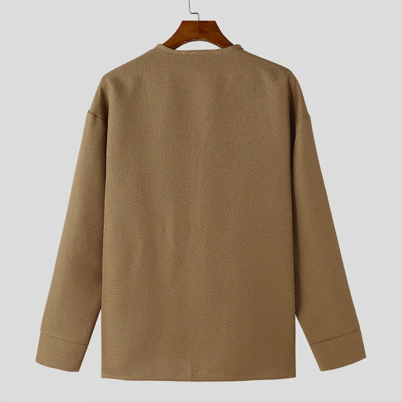 INCERUN Mens Textured Casual Long Sleeve Jacket Collarless Cardigan Jacket Coat Large Size for Big Men S-5XL