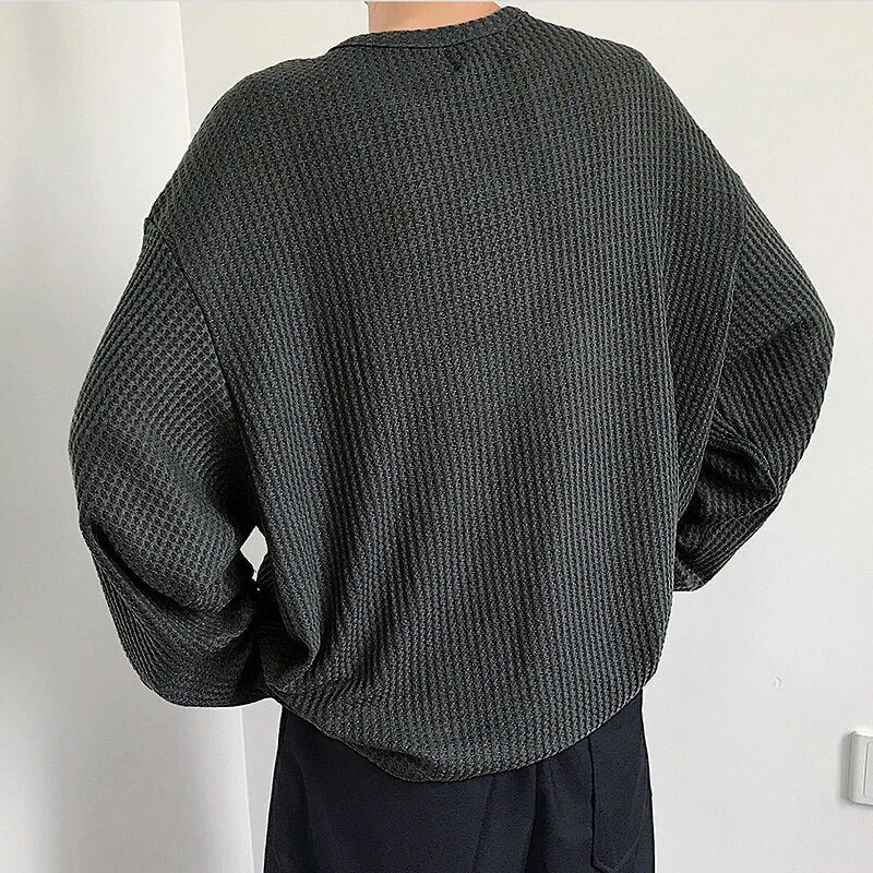 INCERUN Men Tshirt Comfy Loose Fit Long Sleeve T-Shirt Solid Color Notched Neck Knit Daily Casual T-Shirt