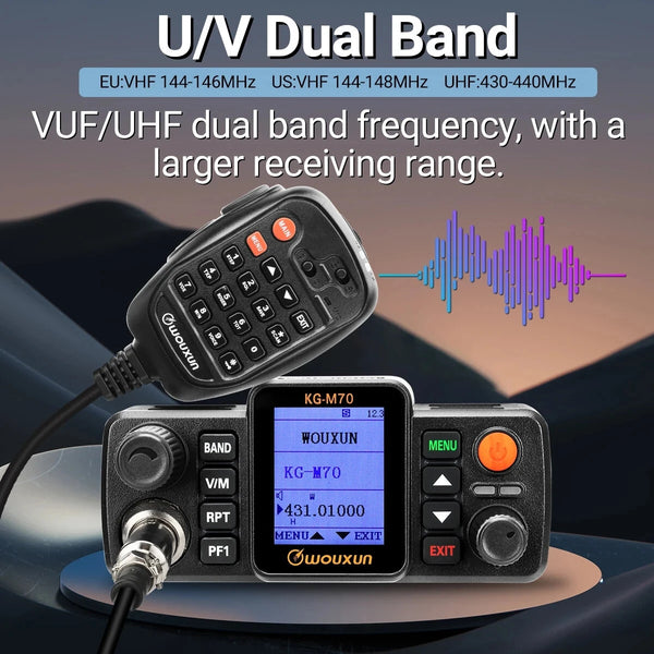 WOUXUN KG-M70 25W Mobile Walkie Talkie VUF UHF Cross-Band Repeater Dual Band Long Range 999CH High Power Car Radio Station with Microphone