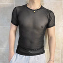 INCERUN Men's T-shirt Solid Color Crew Neck Short Sleeve T-shirt with Design See Through Fabric, Chic Tops Suitable for Summer Nightclubs Leisurewear