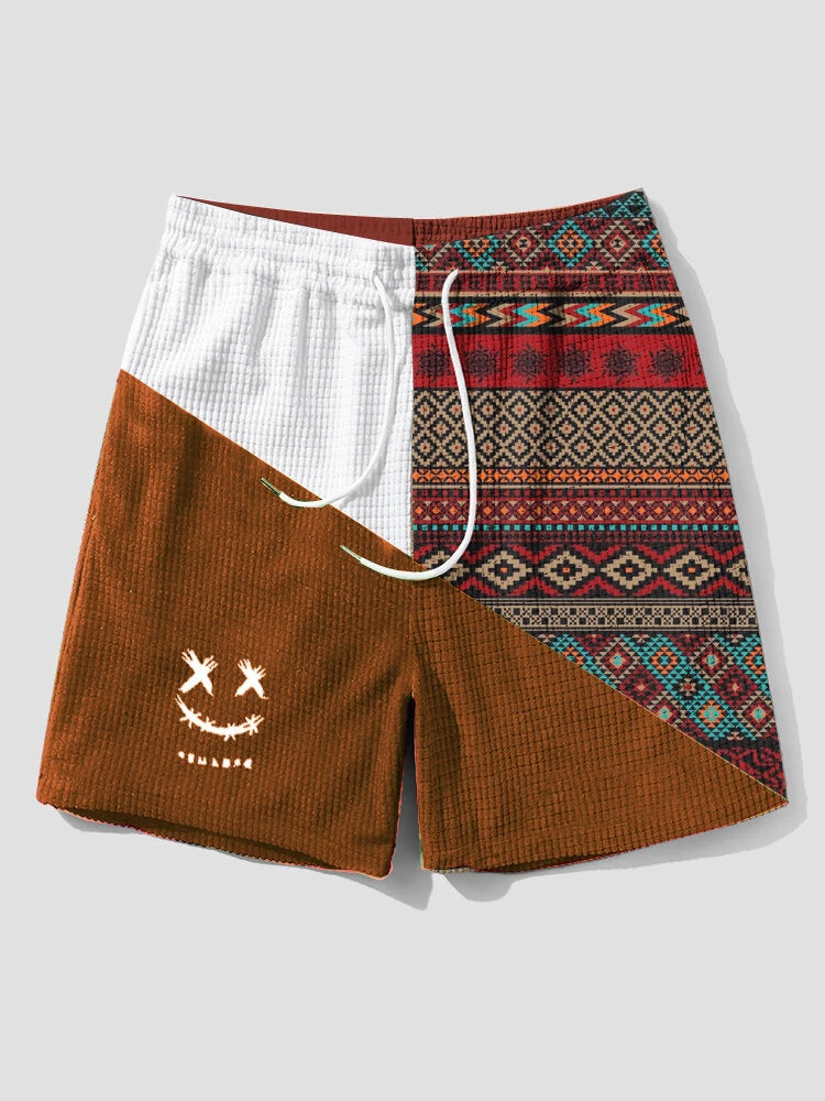 Mens Ethnic Geometric Funny Face Pattern Patchwork Corduroy Shorts