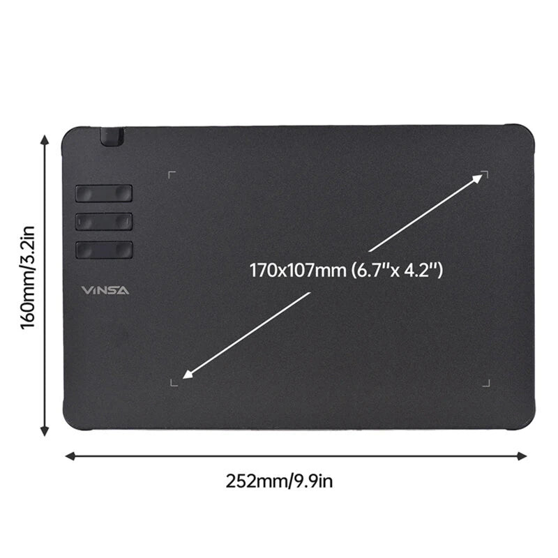 VINSA T605 Graphics Drawing Tablet 170x107mm Working Area 8 Pen Nibs Art Creation Sketches with 8192 Levels Pressure Battery-free