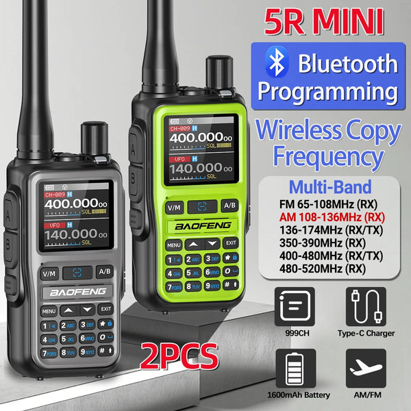 2Pcs BAOFENG UV-5R Mini 5W Walkie Talkie Bluetooth APP Programming Multi Band One Click Copy Frequency Type-C Two Way Radio