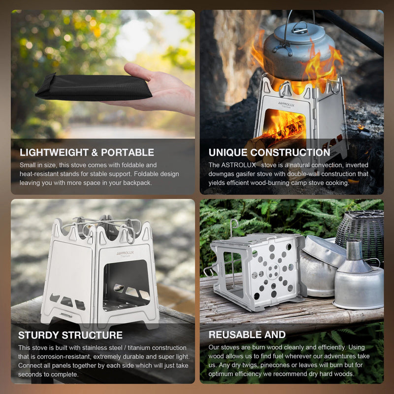 Astrolux Ti-BS1 Titanium Backpacking Stoves Titanium Camping Stove Folding Wood Burning Stove Pocket Stove Portable Lightweight Backpacking Stove for Outdoor Camping Hiking Backpacking Picnic BBQ