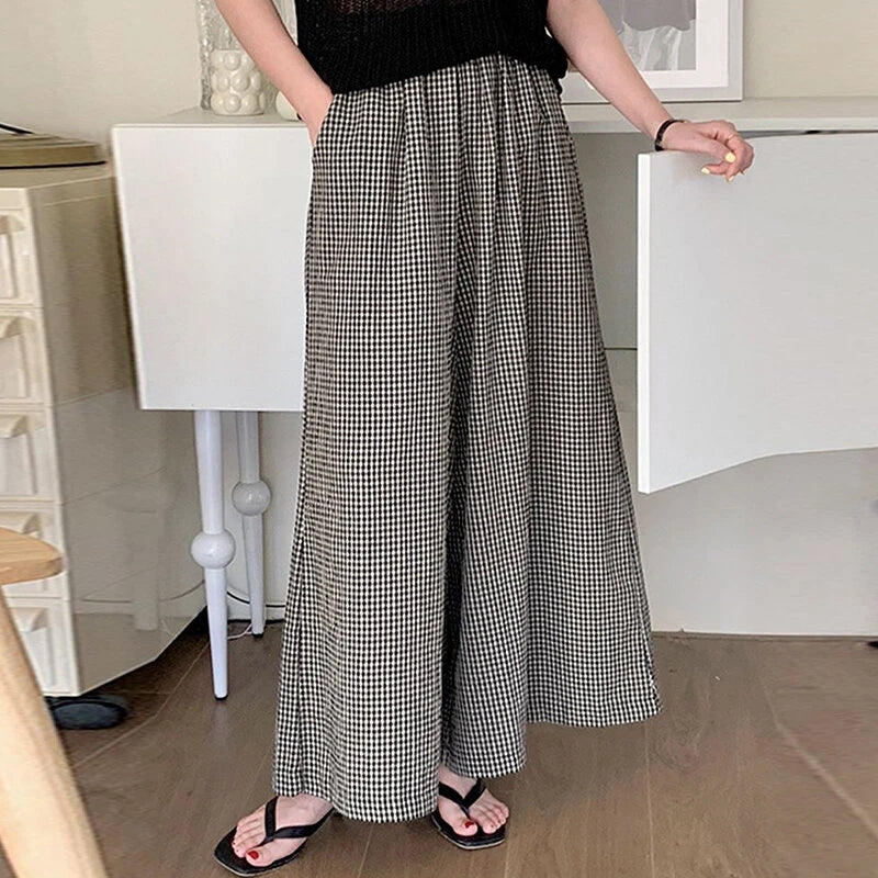 ZANZEA Womens Geometric Printed Wide Leg Pants Vintage Elastic Waist Straight Pleated Trouser Loose Fit