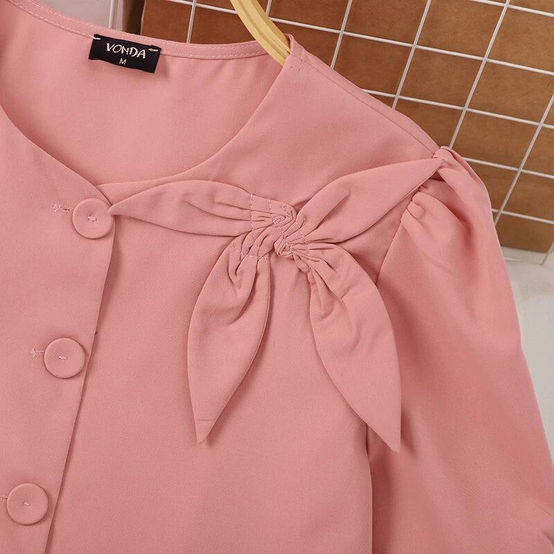 VONDA Womens Elegant Bowknot Decorate Puff Sleeve Blouses Temperament Button Shirts