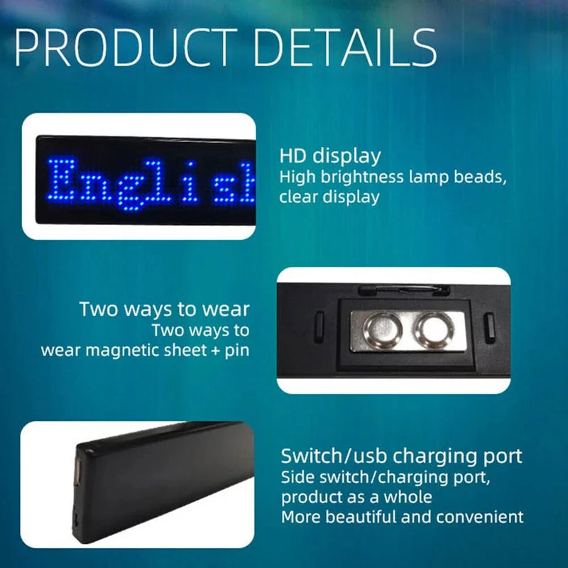 LED Chest Badge Decorative Screen with USB Charging Bluetooth Multi-language LED Digital Badge USB Rechargeable DIY HD Text Badge Scrolling LED Label Display Light