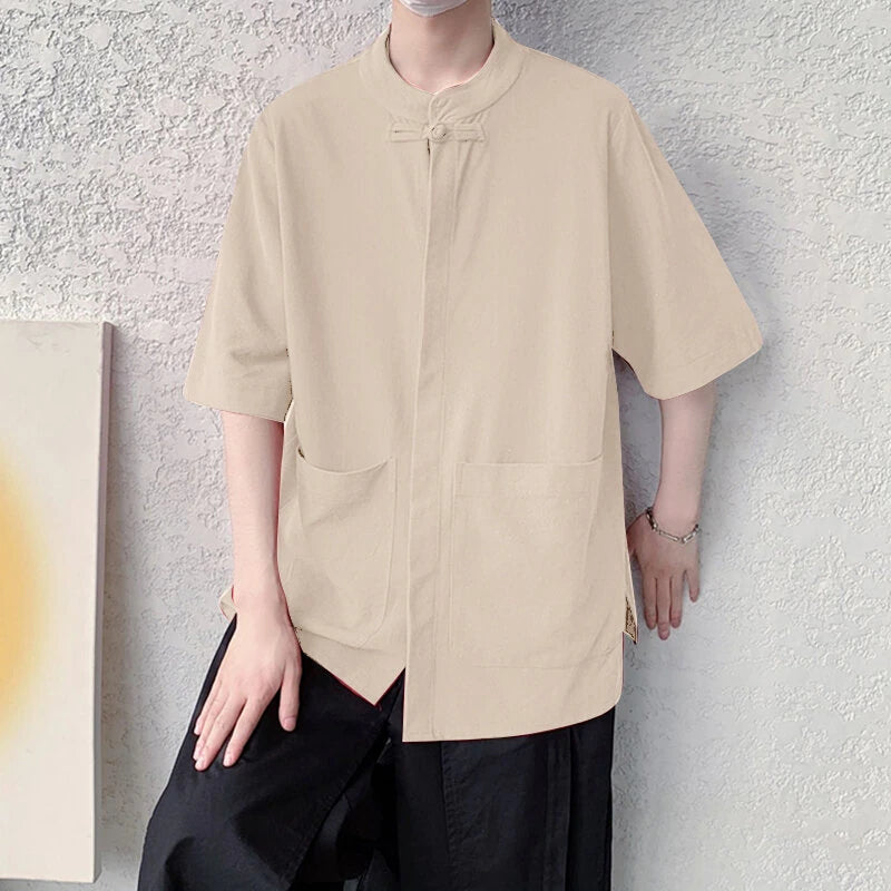 INCERUN Men Cotton Linen Half Sleeve Shirt Solid Color Comfy Loose Fit Casual Stand Collar Top for Men Plus Size Spring Fall