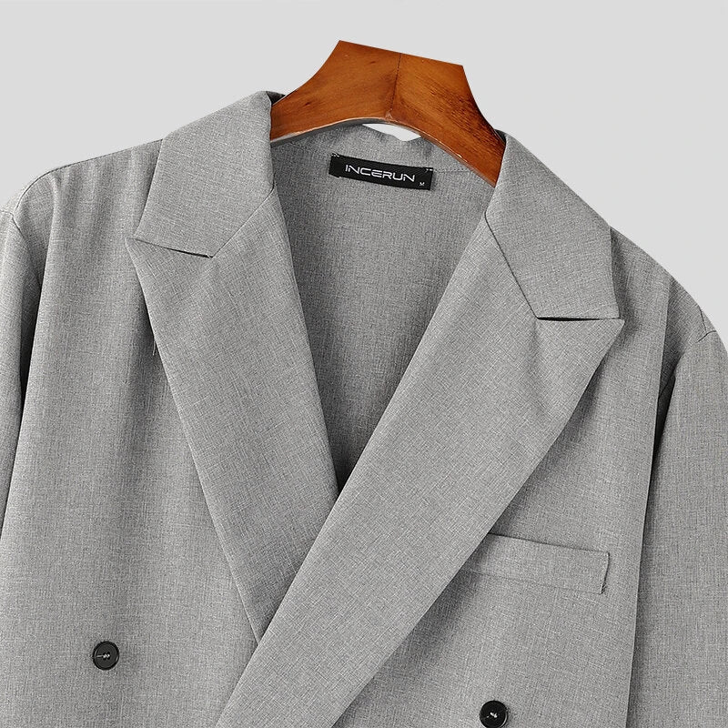 INCERUN Mens Double-Breasted Long Sleeve Jumpsuit Fashion Solid Color Waist Lace Up Suit Jumpsuit Long Top Pant