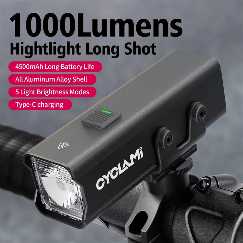 CYCLAMI BR 1000LM Highlight Bike Headlight 4500mAH 5 Gears Modes Lamp Type-C Charging Bicycle Front Light for Outdoor Night Cycling Safety